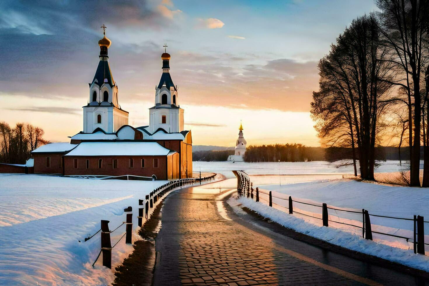 un la carretera líder a un Iglesia en el nieve. generado por ai foto