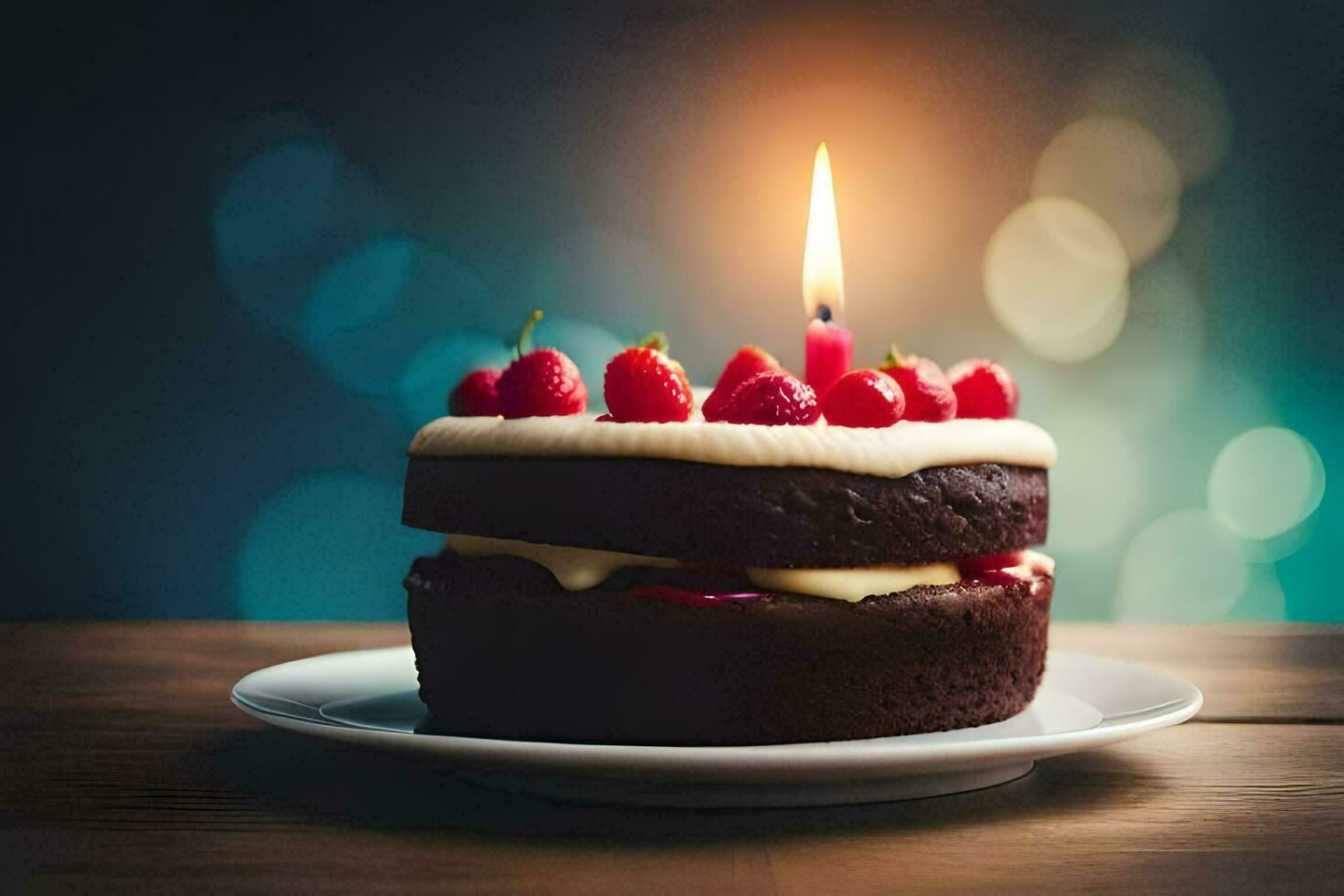 a chocolate cake with a single candle on top. AI-Generated photo