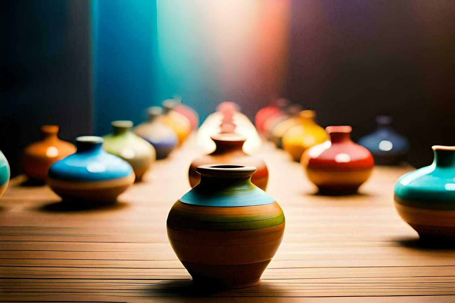 many colorful vases are lined up on a wooden table. AI-Generated photo