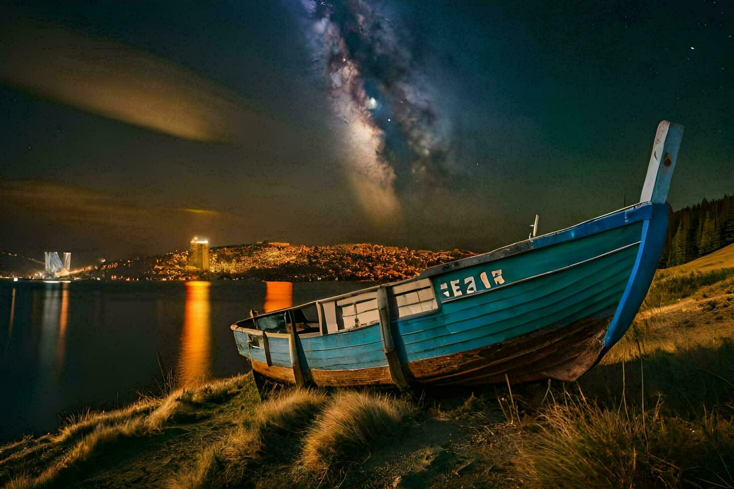a boat sits on the shore at night with the milky in the background. AI-Generated photo