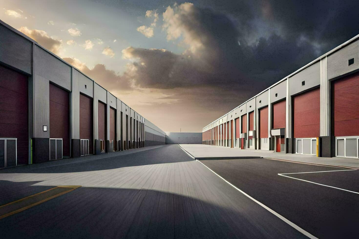 a long empty warehouse with red doors. AI-Generated photo