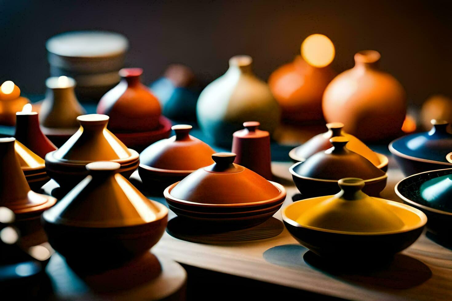 a collection of colorful ceramic pots and bowls. AI-Generated photo