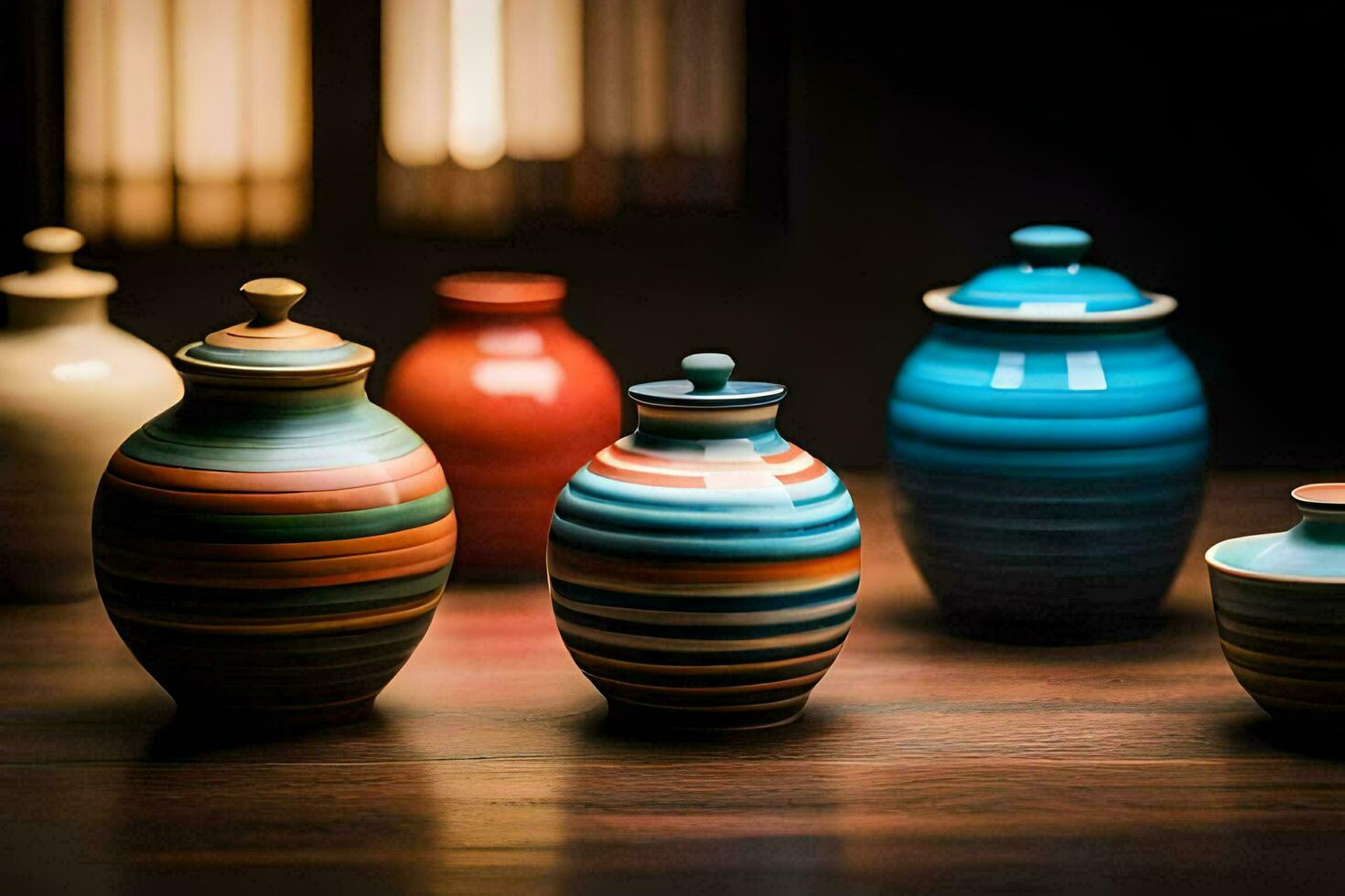 colorful vases on a wooden table. AI-Generated photo