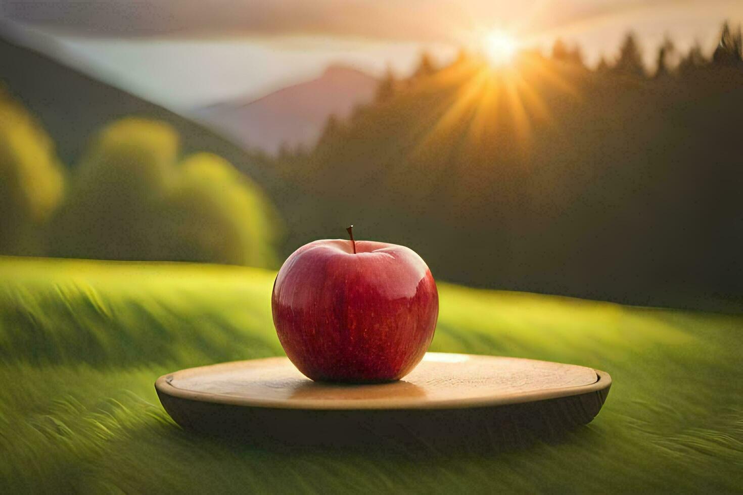 an apple sits on a wooden plate in front of a field. AI-Generated photo