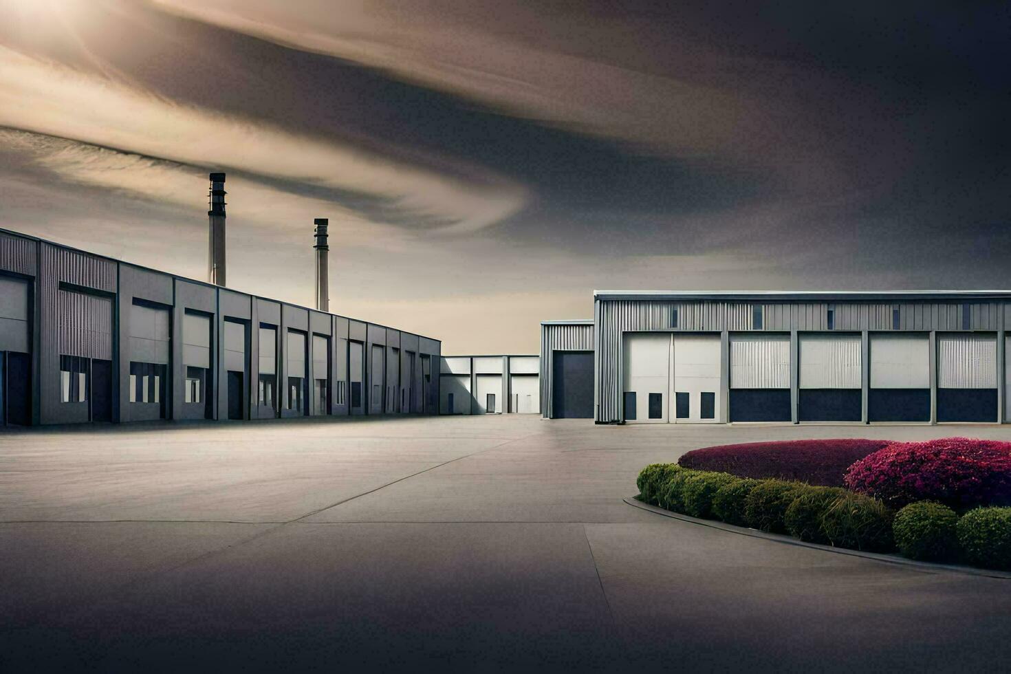 a large industrial building with a sky background. AI-Generated photo