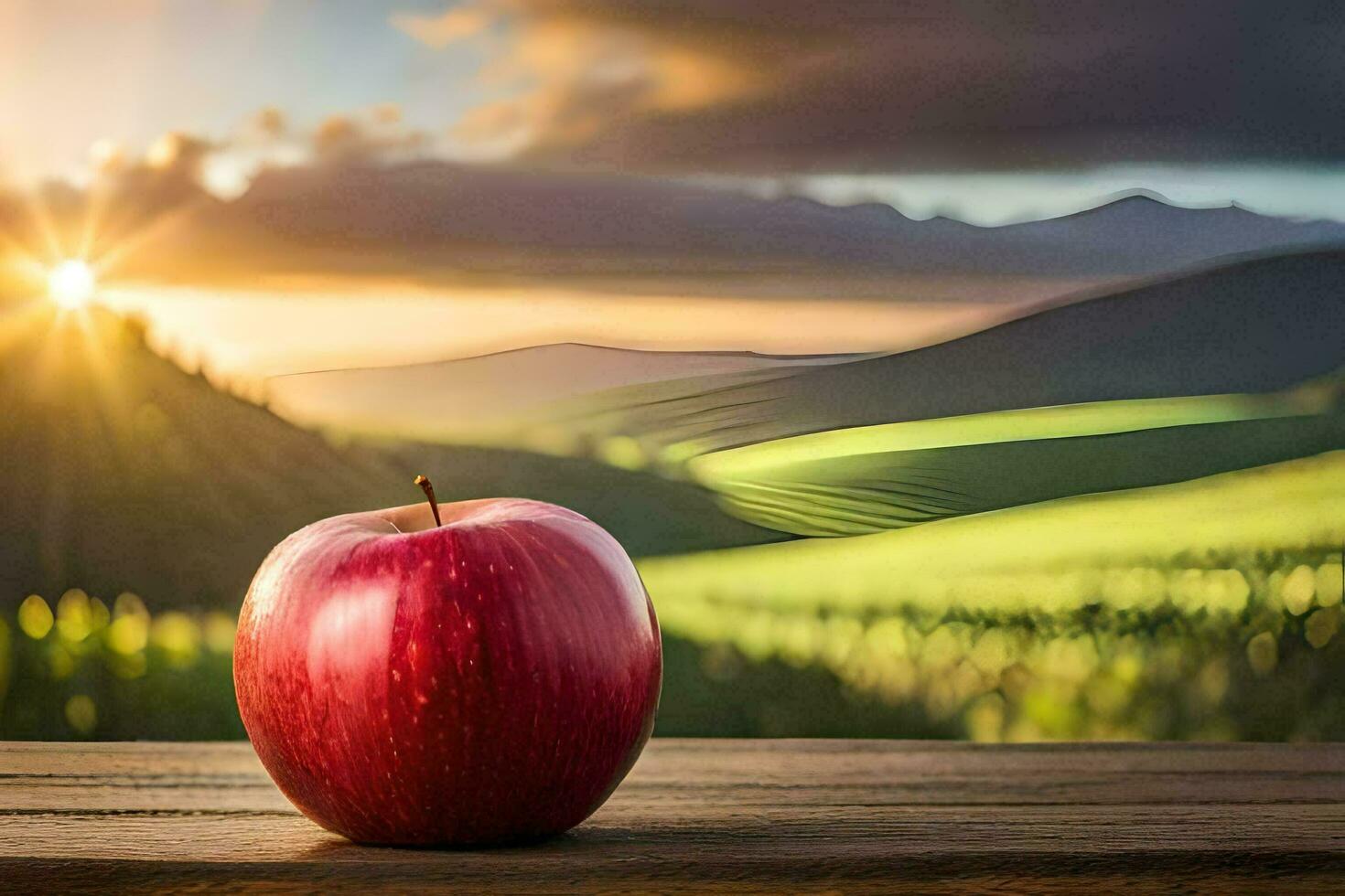 an apple sits on a wooden table in front of a scenic view. AI-Generated photo