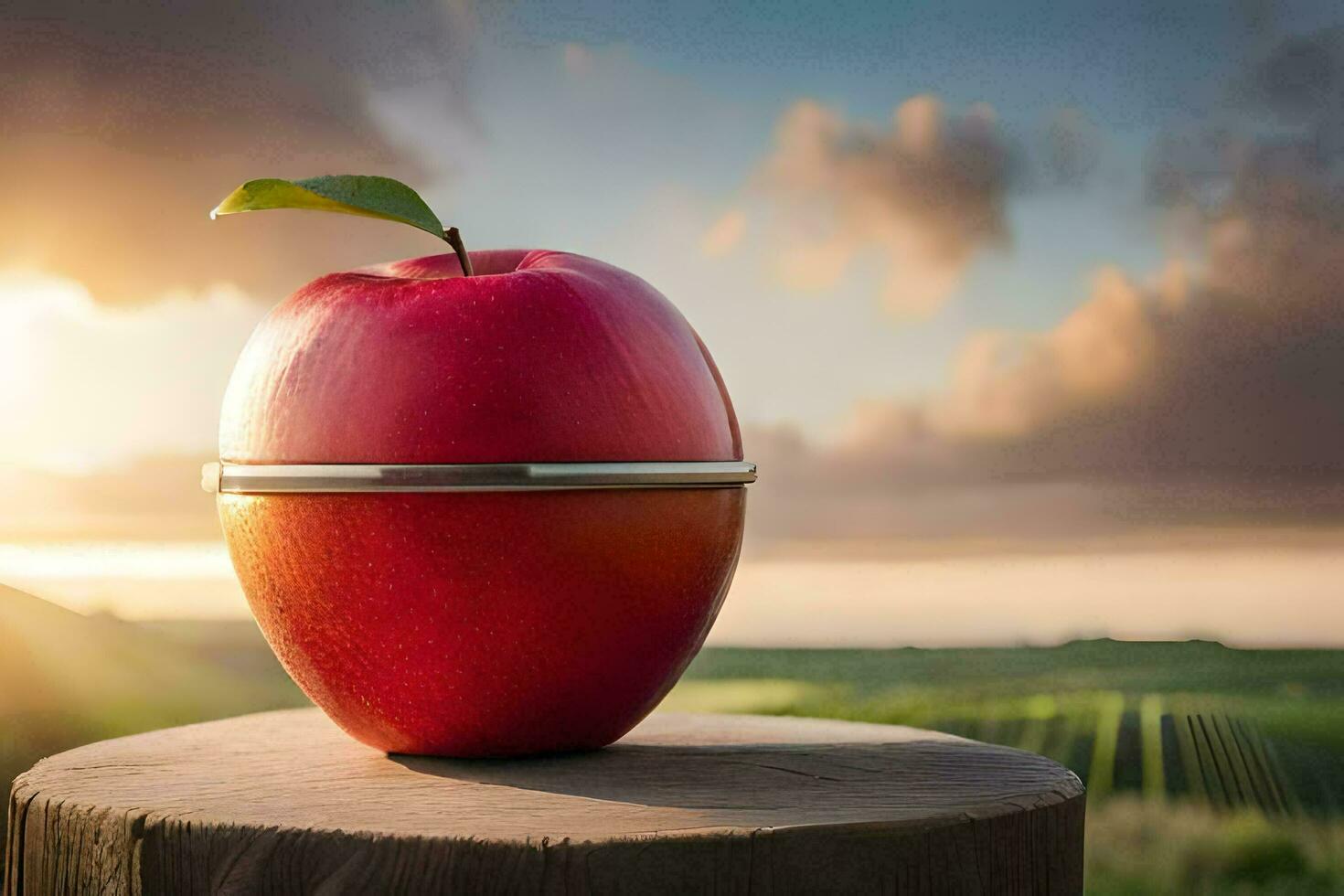 an apple on a wooden stump with a sunset in the background. AI-Generated photo