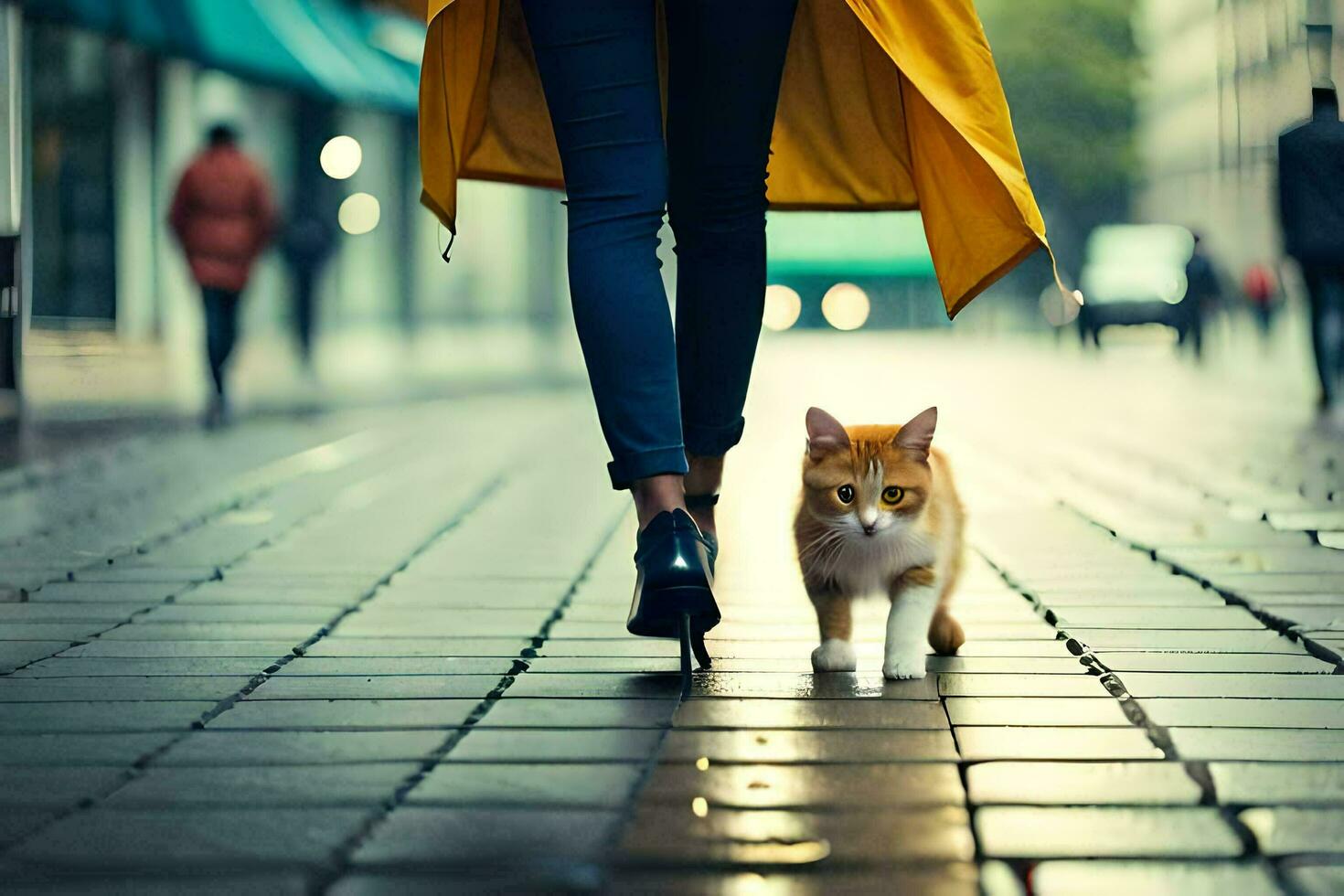 un mujer caminando con un gato en un ladrillo pasarela generado por ai foto