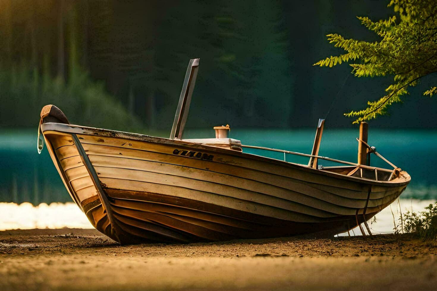 a boat sits on the shore of a lake. AI-Generated photo