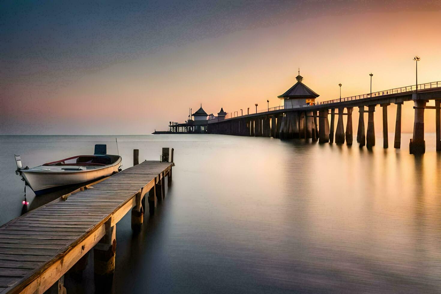 un barco es atracado a el muelle a puesta de sol. generado por ai foto