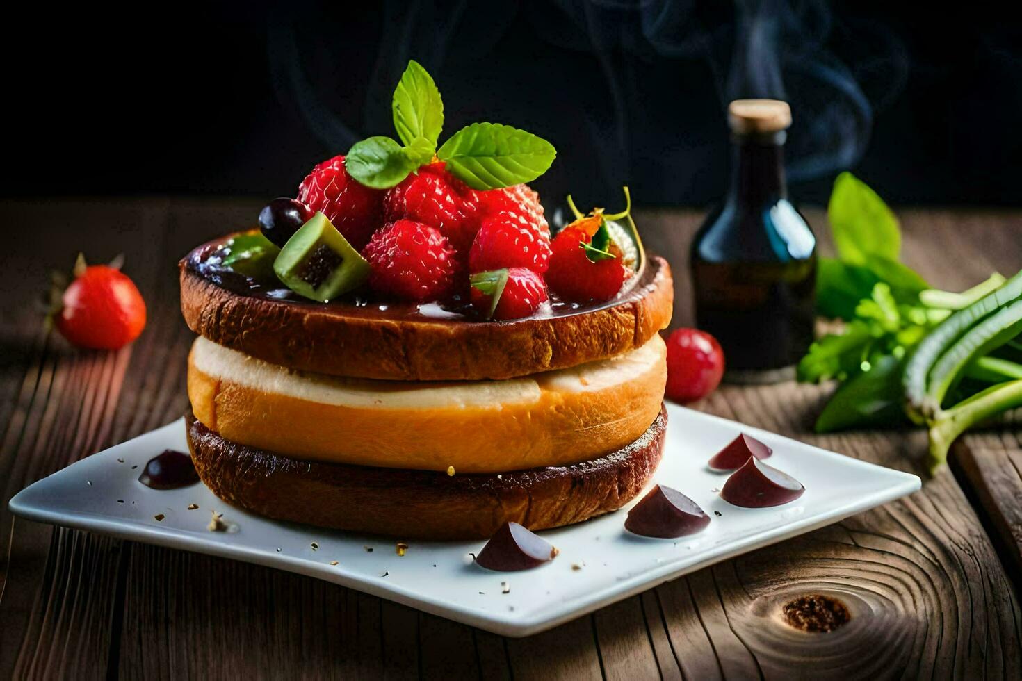 a cake with strawberries and chocolate. AI-Generated photo