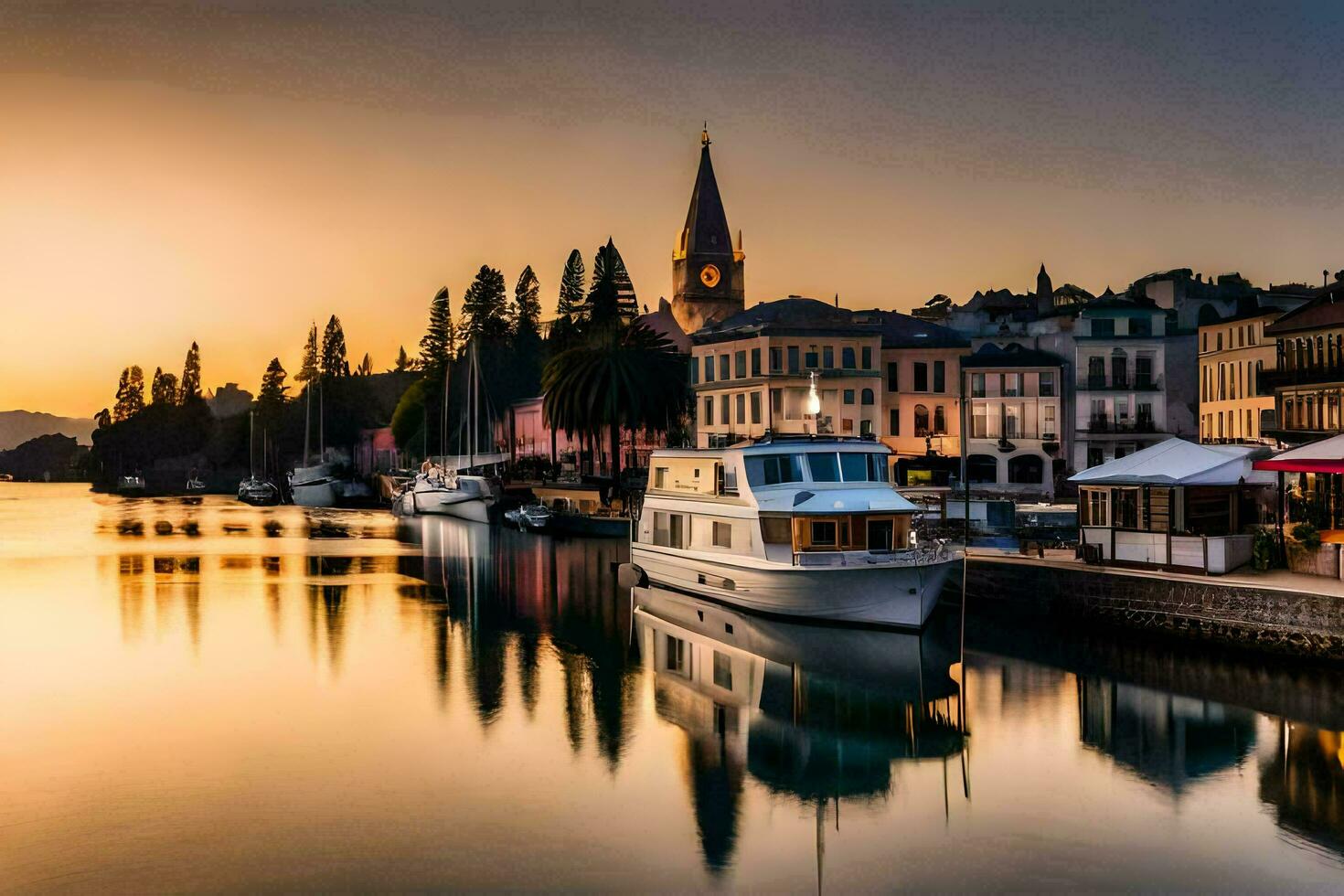 a boat is docked in the water at sunset. AI-Generated photo