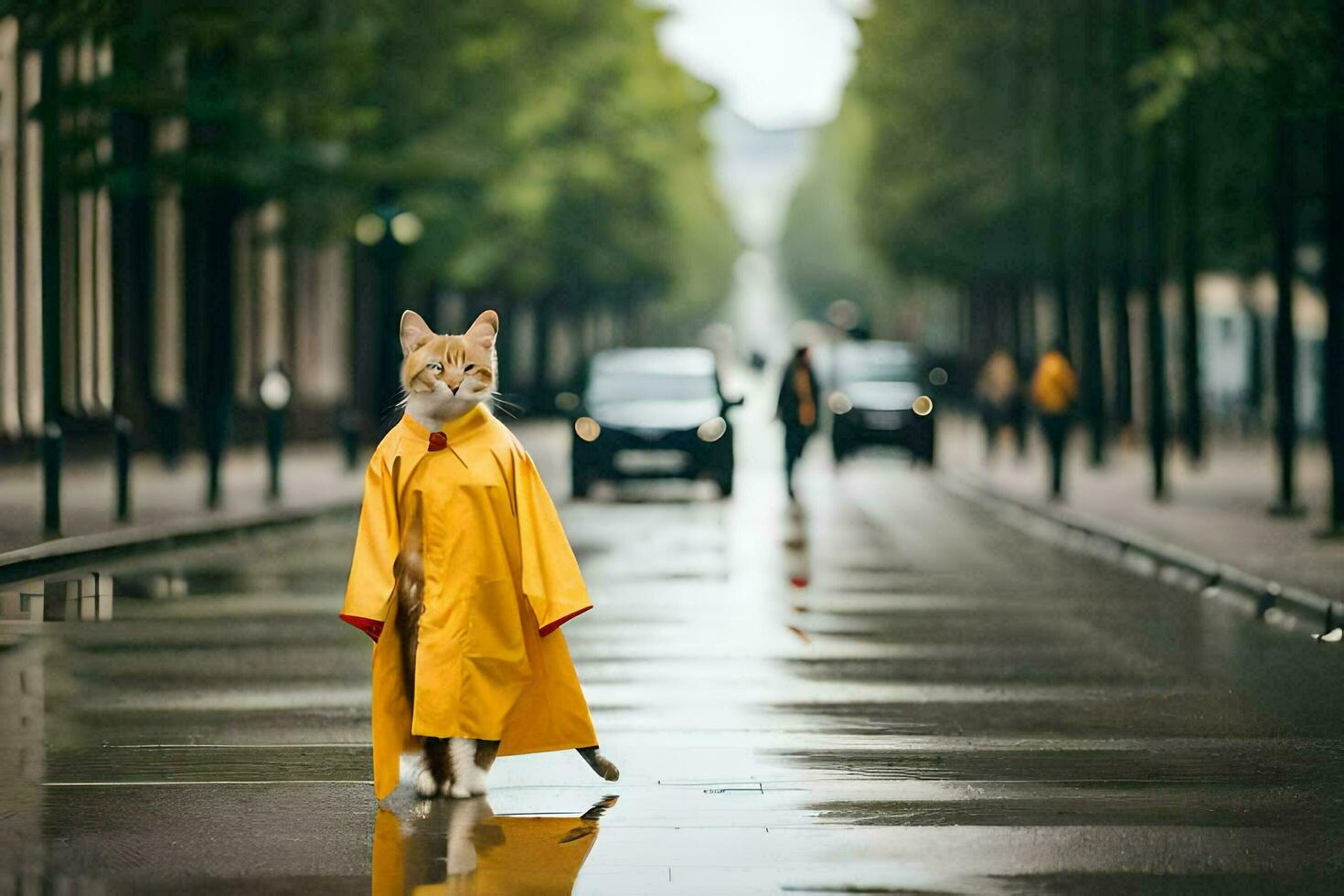 a cat in a raincoat walking down a street. AI-Generated photo