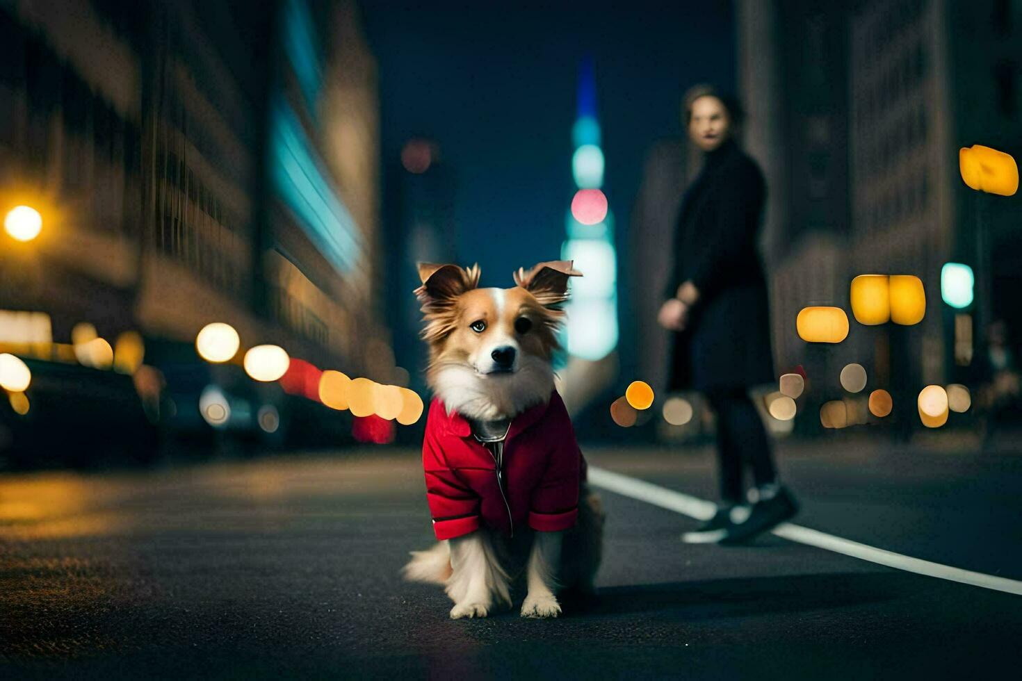un perro vistiendo un rojo chaqueta en pie en el calle a noche. generado por ai foto