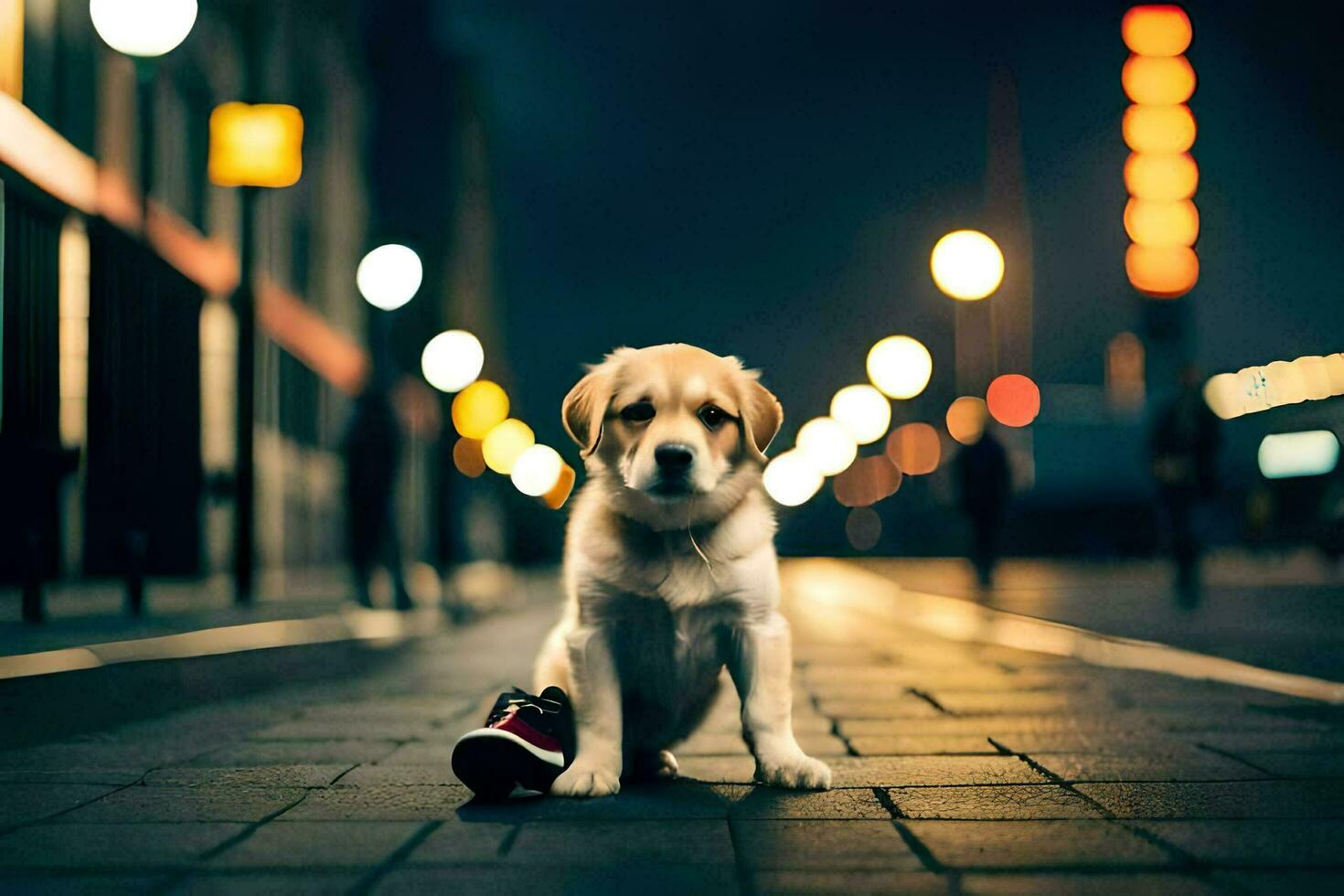 a puppy sitting on the ground in front of a shoe. AI-Generated photo