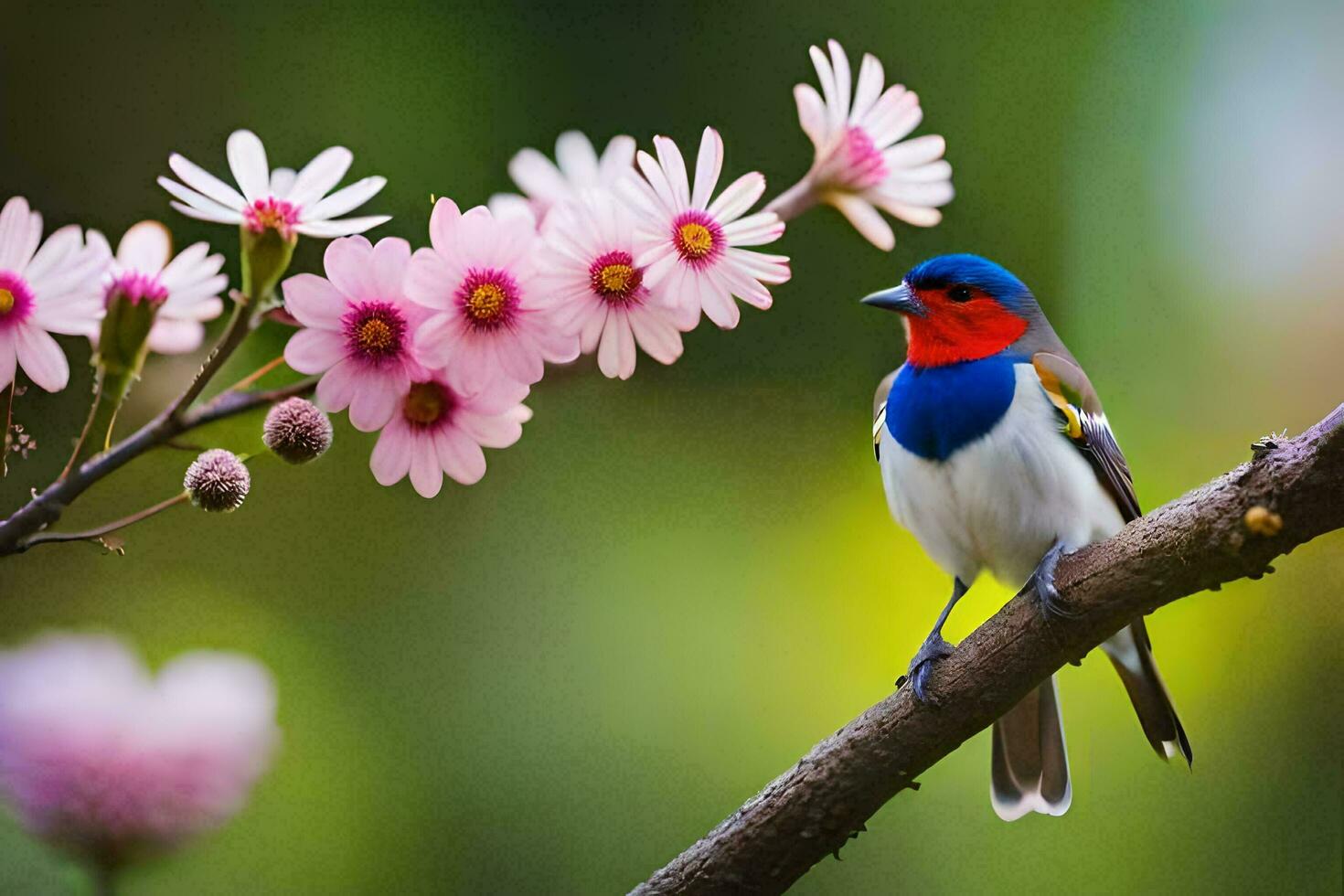 a colorful bird sits on a branch with pink flowers. AI-Generated photo