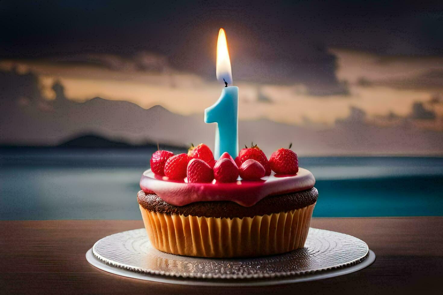 a cupcake with a single candle on top of it. AI-Generated photo