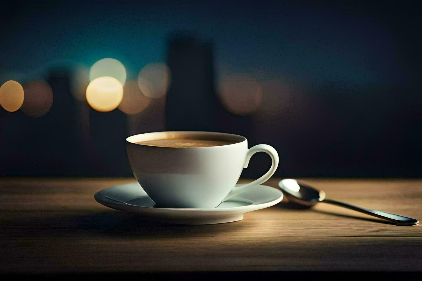 un taza de café en un de madera mesa con un paisaje urbano en el antecedentes. generado por ai foto