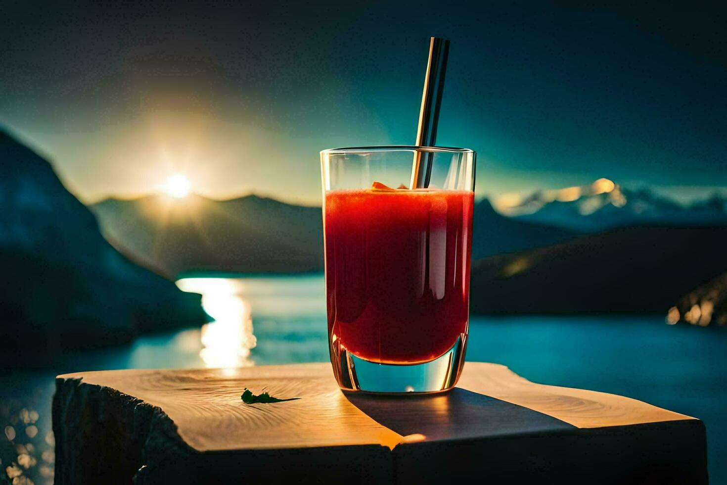 a glass of red juice with a straw sitting on a wooden table. AI-Generated photo