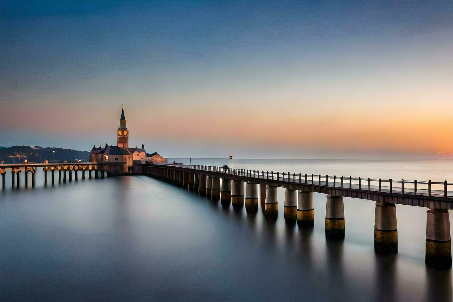 un largo exposición fotografía de un muelle a puesta de sol. generado por ai foto