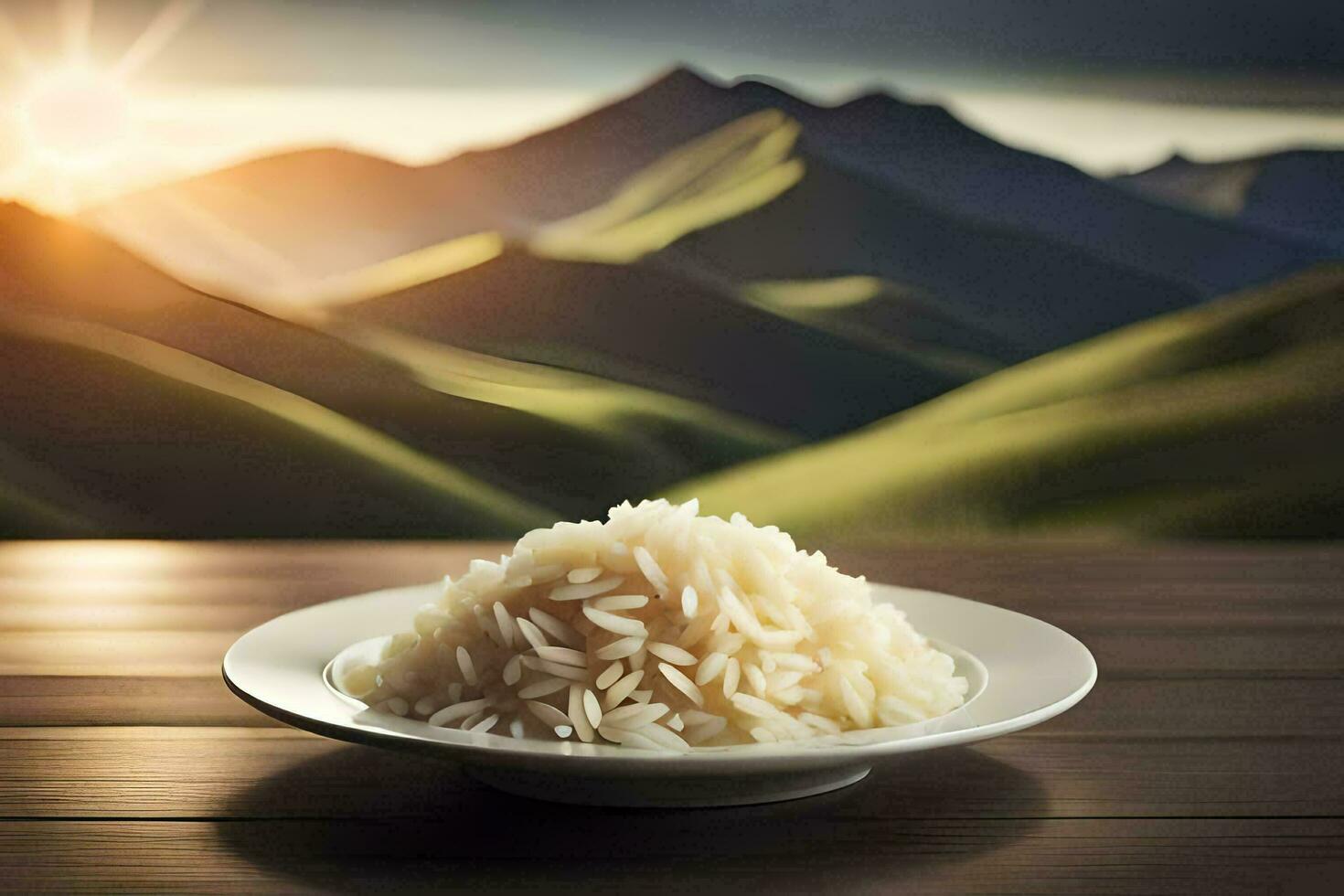 rice in a plate on a table in front of mountains. AI-Generated photo