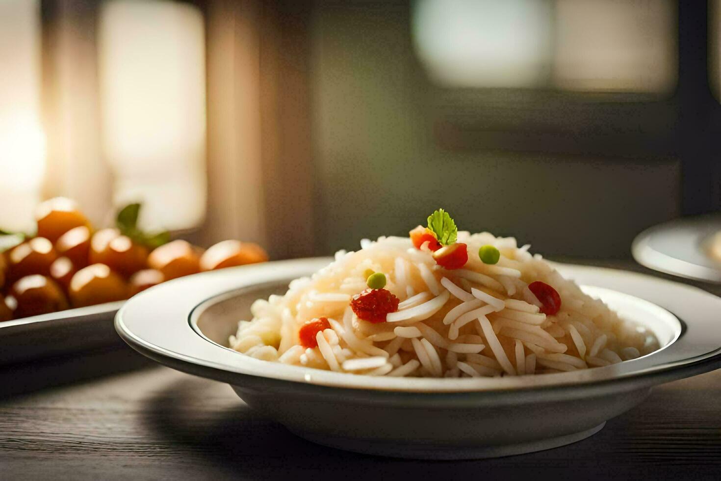 a plate of rice and tomatoes on a table. AI-Generated photo