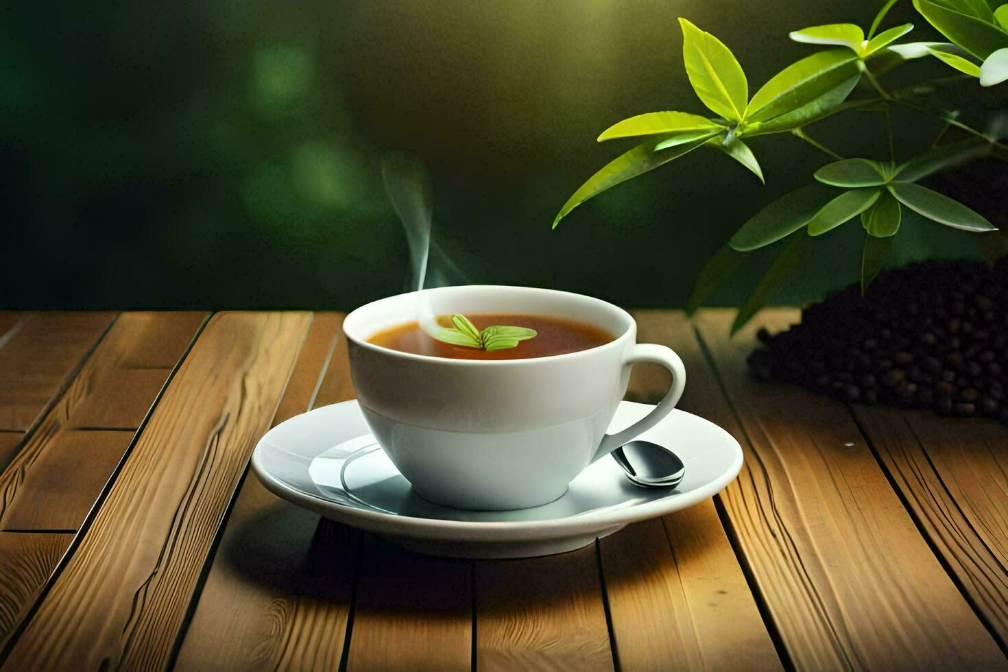 a cup of tea on a wooden table. AI-Generated photo