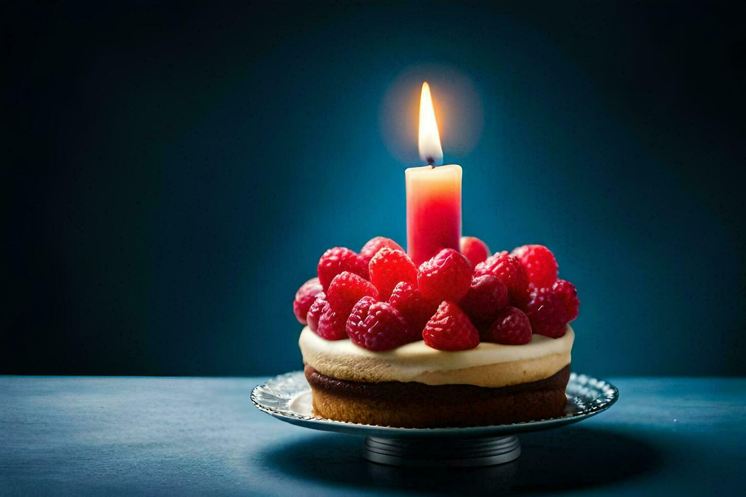 a cake with raspberries and a candle. AI-Generated photo