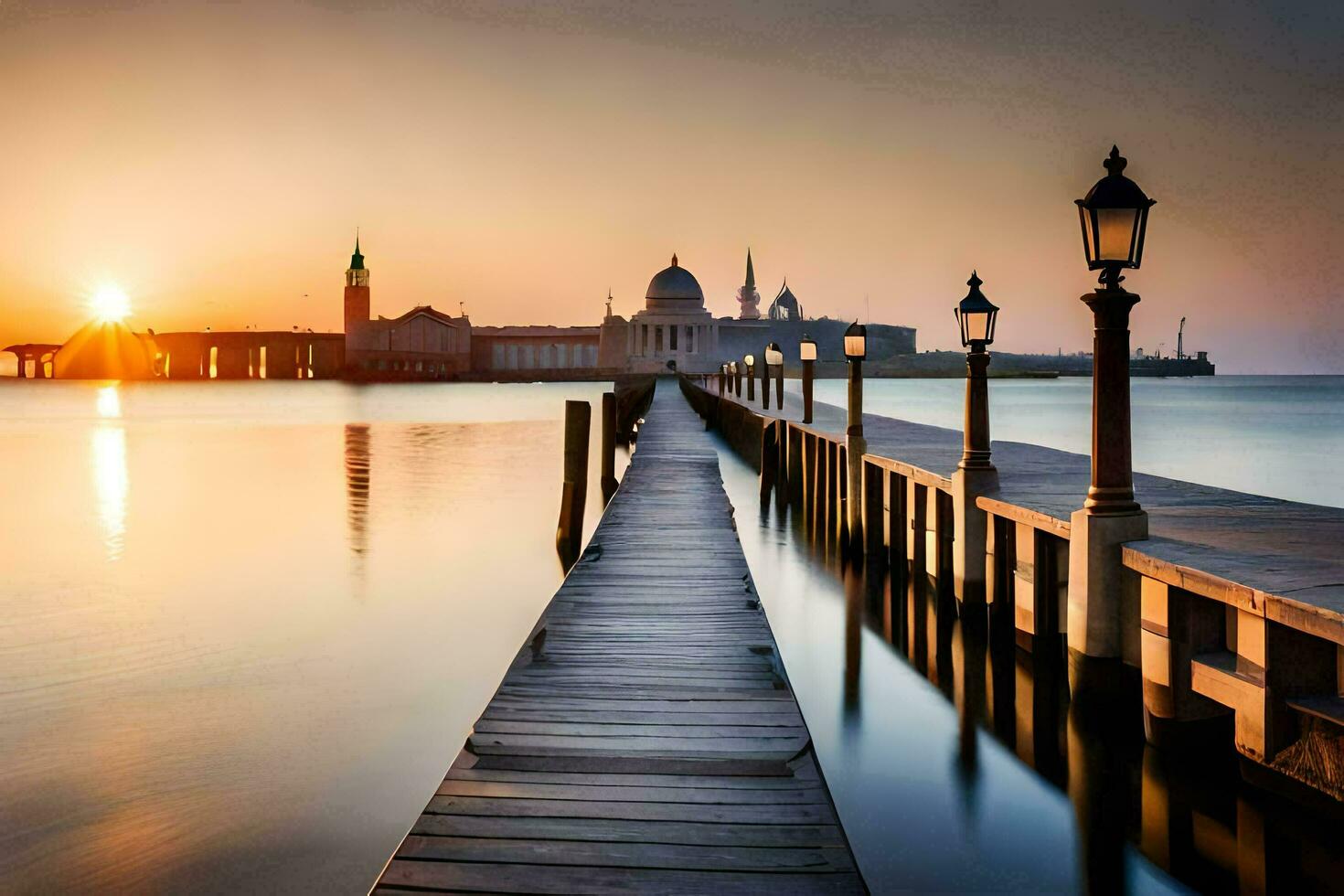 a pier with a bridge over water and a church in the background. AI-Generated photo