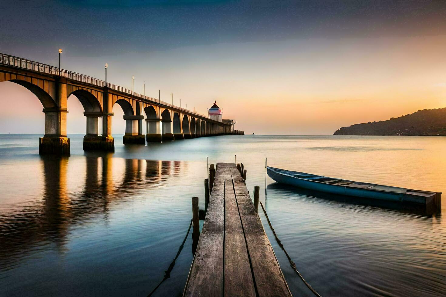 un barco es atracado a el final de un muelle a puesta de sol. generado por ai foto