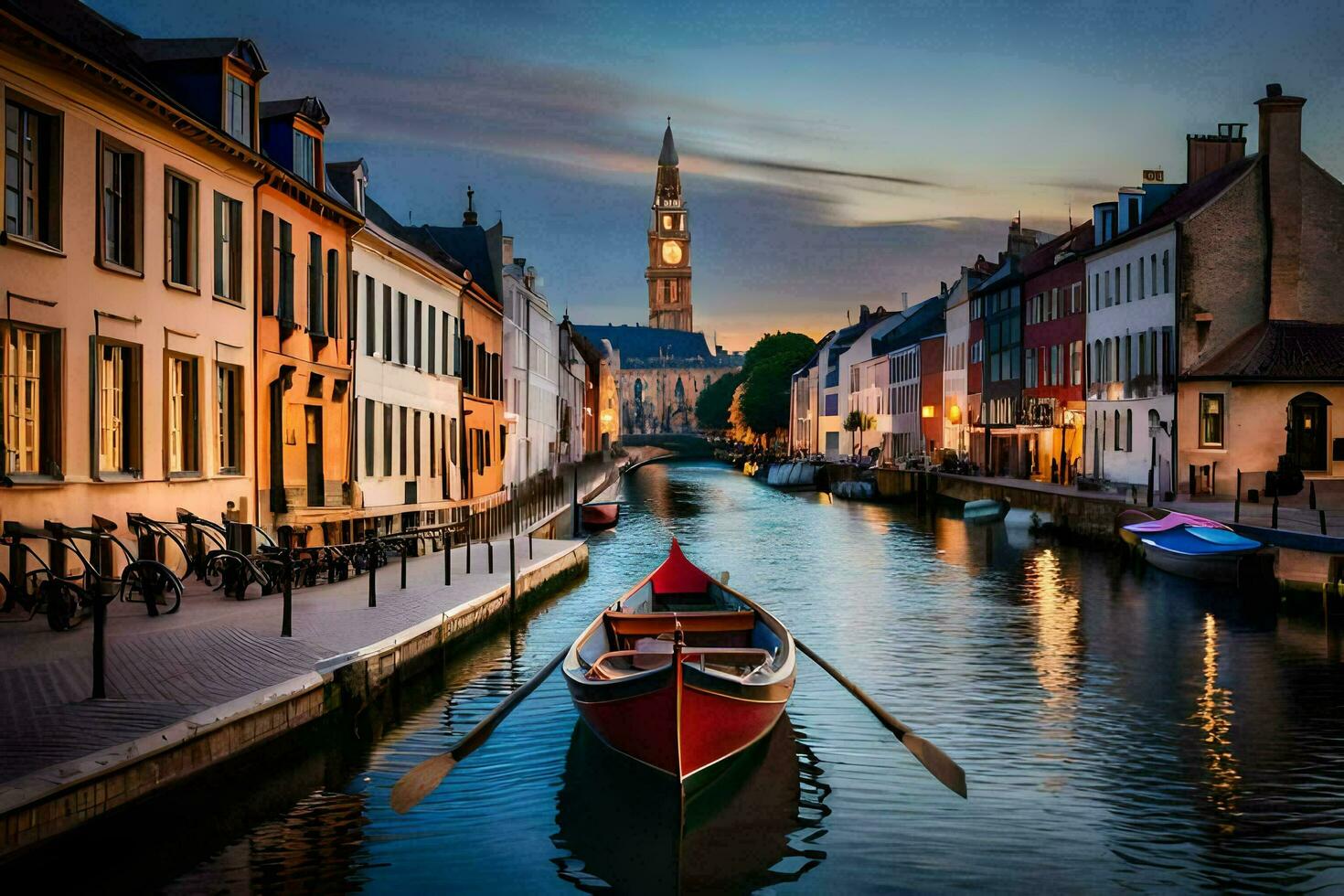 a boat is docked in a canal in a city. AI-Generated photo