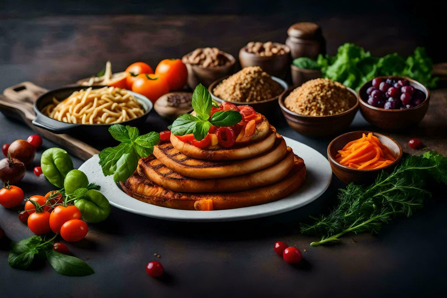 a stack of pancakes on a plate with vegetables and other ingredients. AI-Generated photo