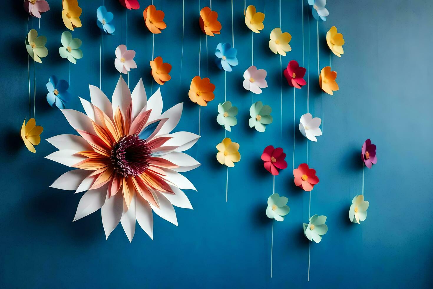 a flower made of paper is hanging from a blue wall. AI-Generated photo