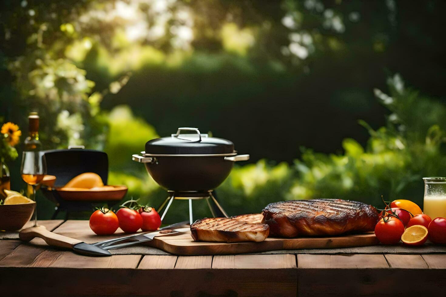 grilled steak and vegetables on a table in the garden. AI-Generated photo