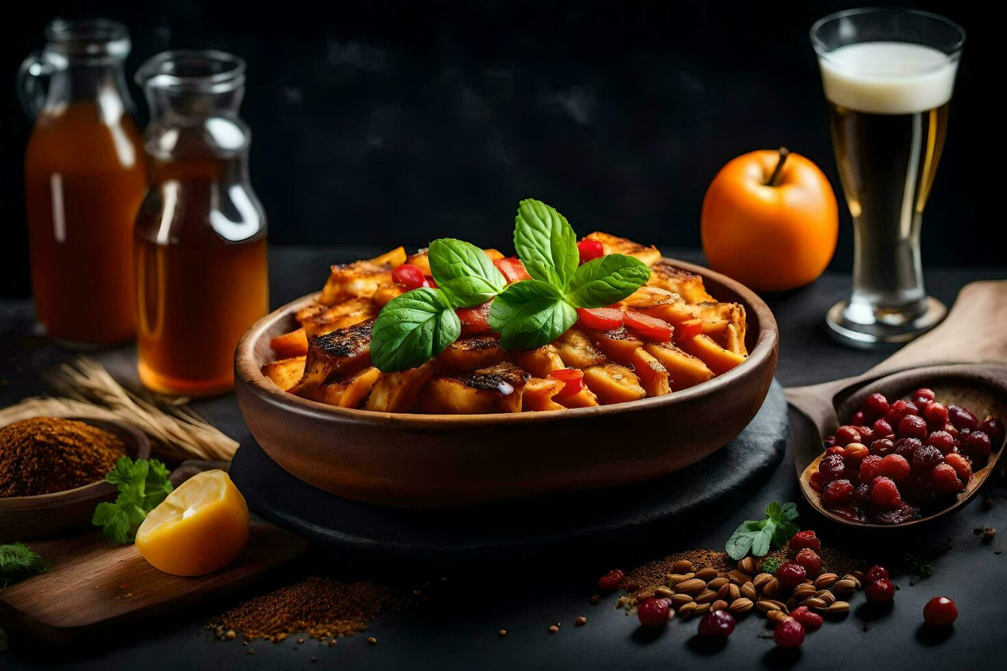 the food in the bowl is a bowl of pasta with tomato sauce, spices and herbs. AI-Generated photo