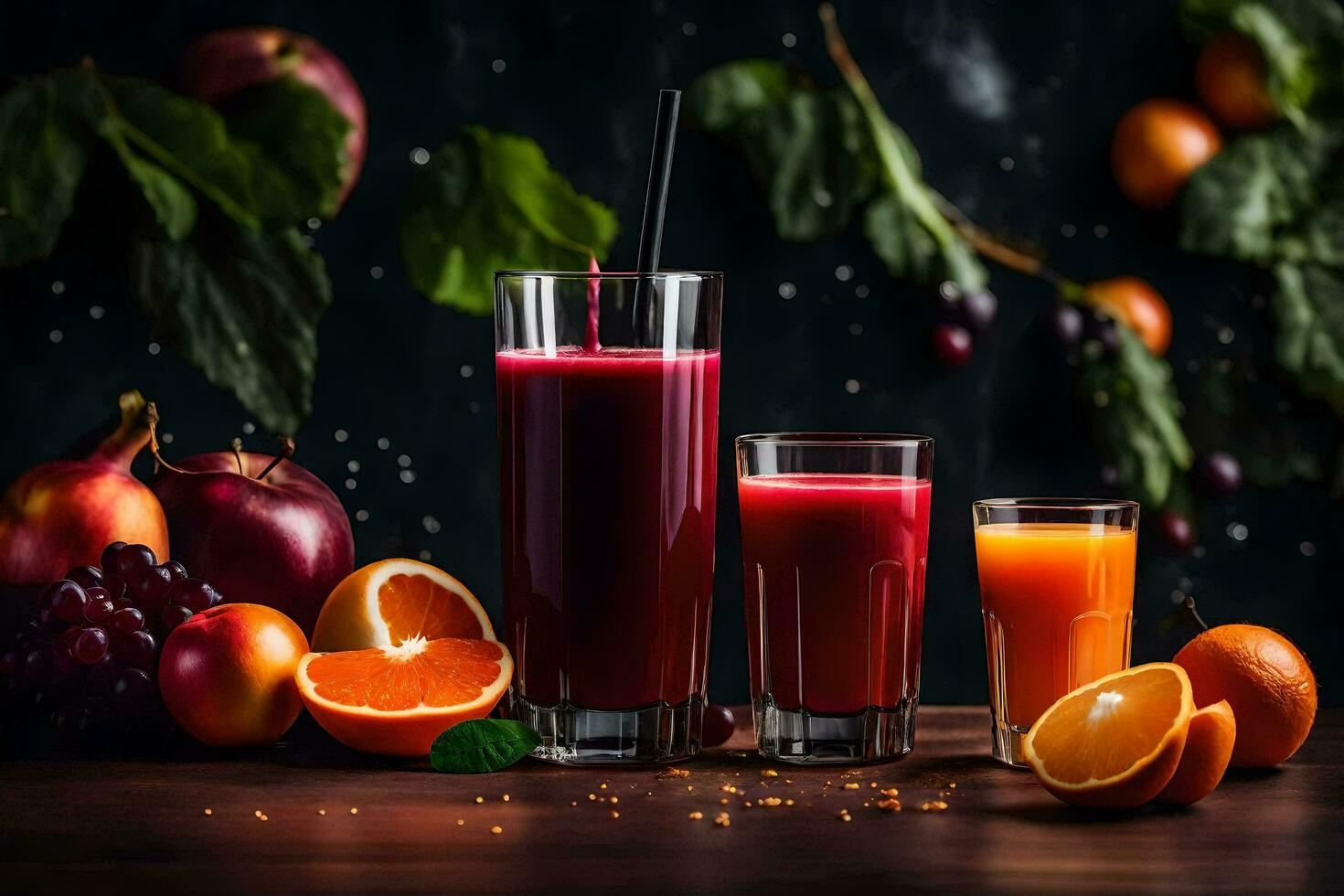 a glass of juice with oranges, apples and grapes. AI-Generated photo