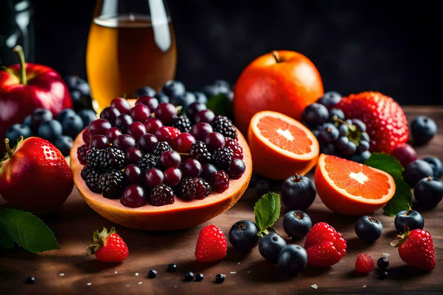 a variety of fruits and berries are arranged on a table. AI-Generated photo