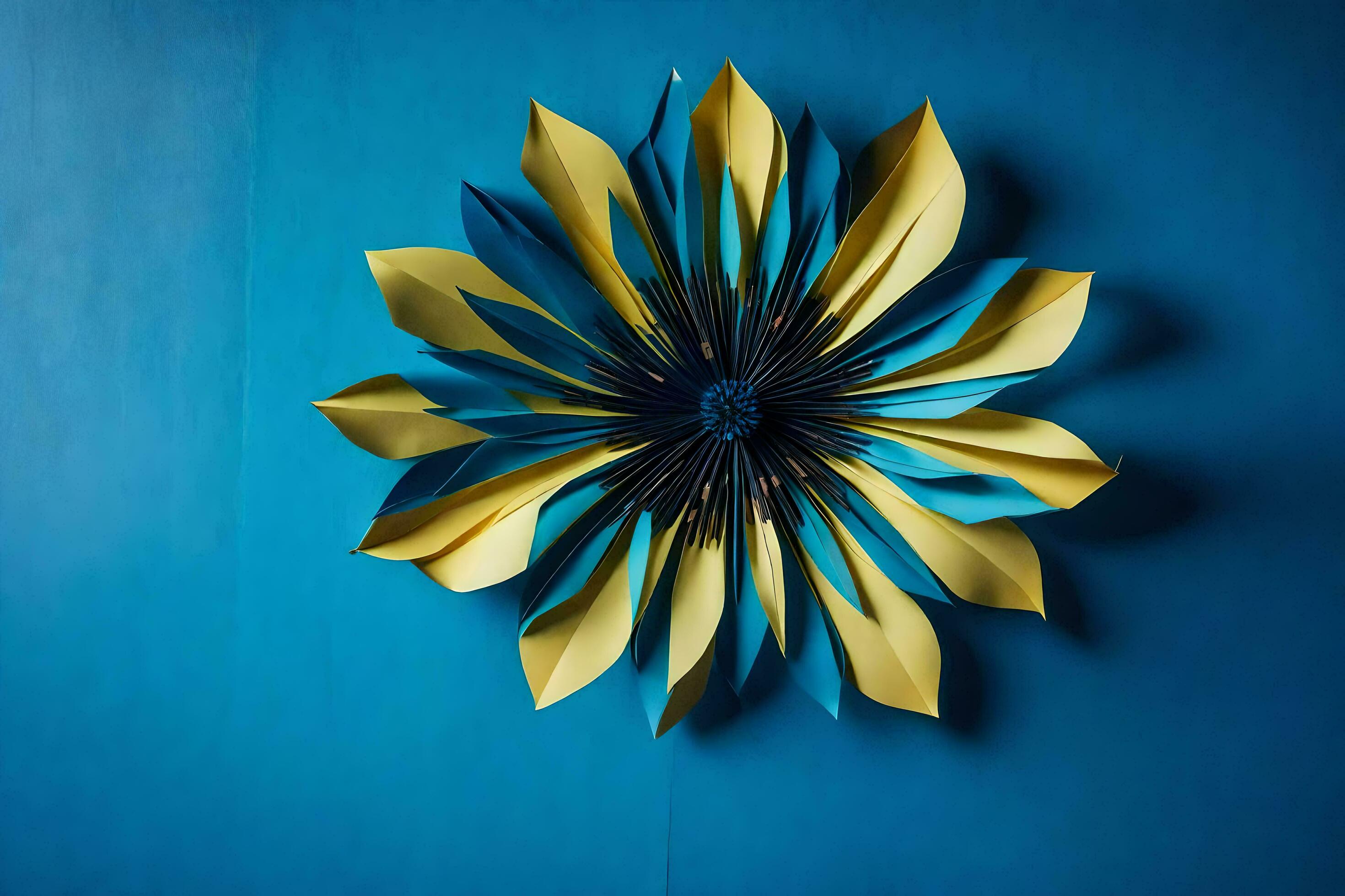 a blue and yellow paper flower on a blue wall. AIGenerated 30083195