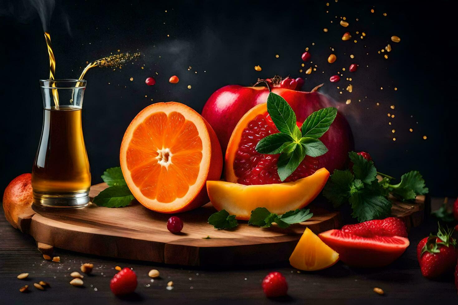 fruit and spices on a wooden cutting board. AI-Generated photo