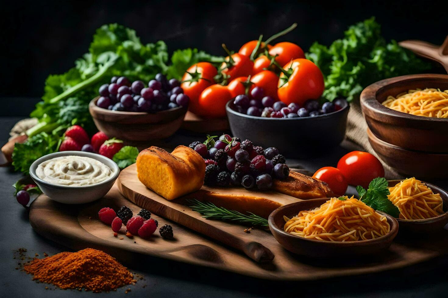 various foods including cheese, grapes, tomatoes, and other vegetables. AI-Generated photo