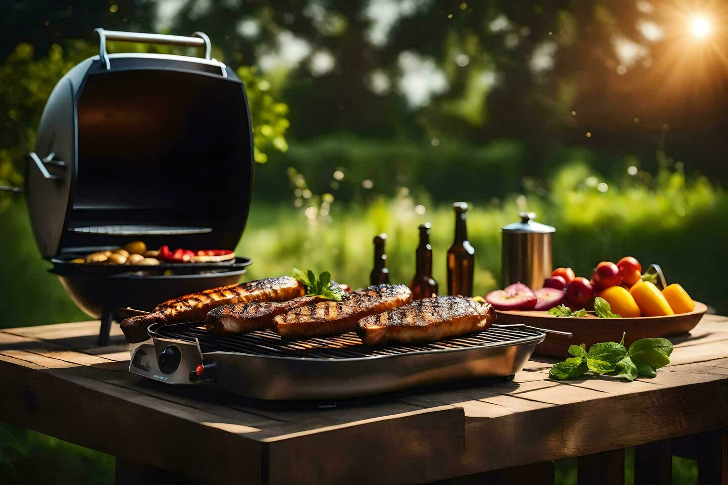 a barbecue grill with meat and vegetables on it. AI-Generated photo