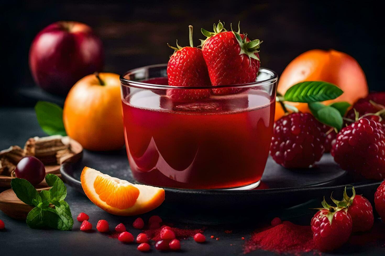 un vaso de rojo jugo con fresas y naranjas generado por ai foto