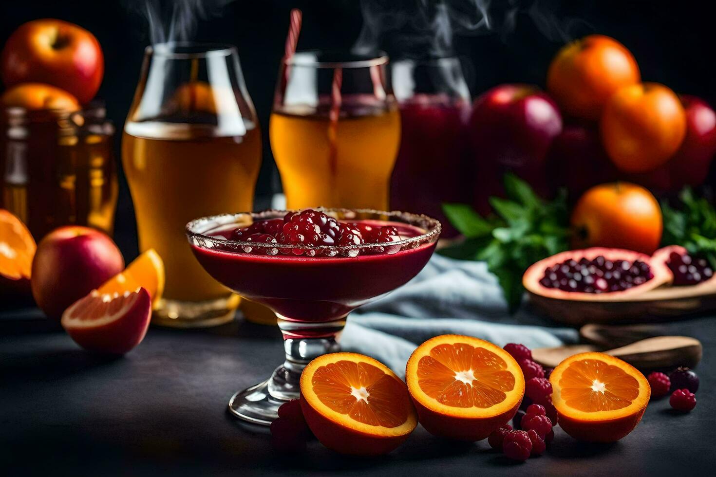 a glass of juice with oranges and pomegranate. AI-Generated photo