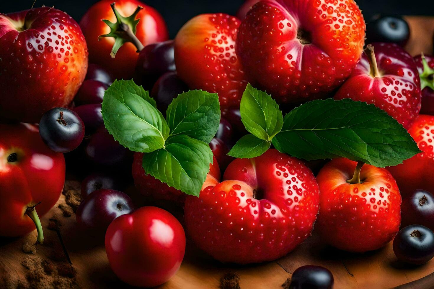 a pile of strawberries and cherries on a wooden table. AI-Generated photo