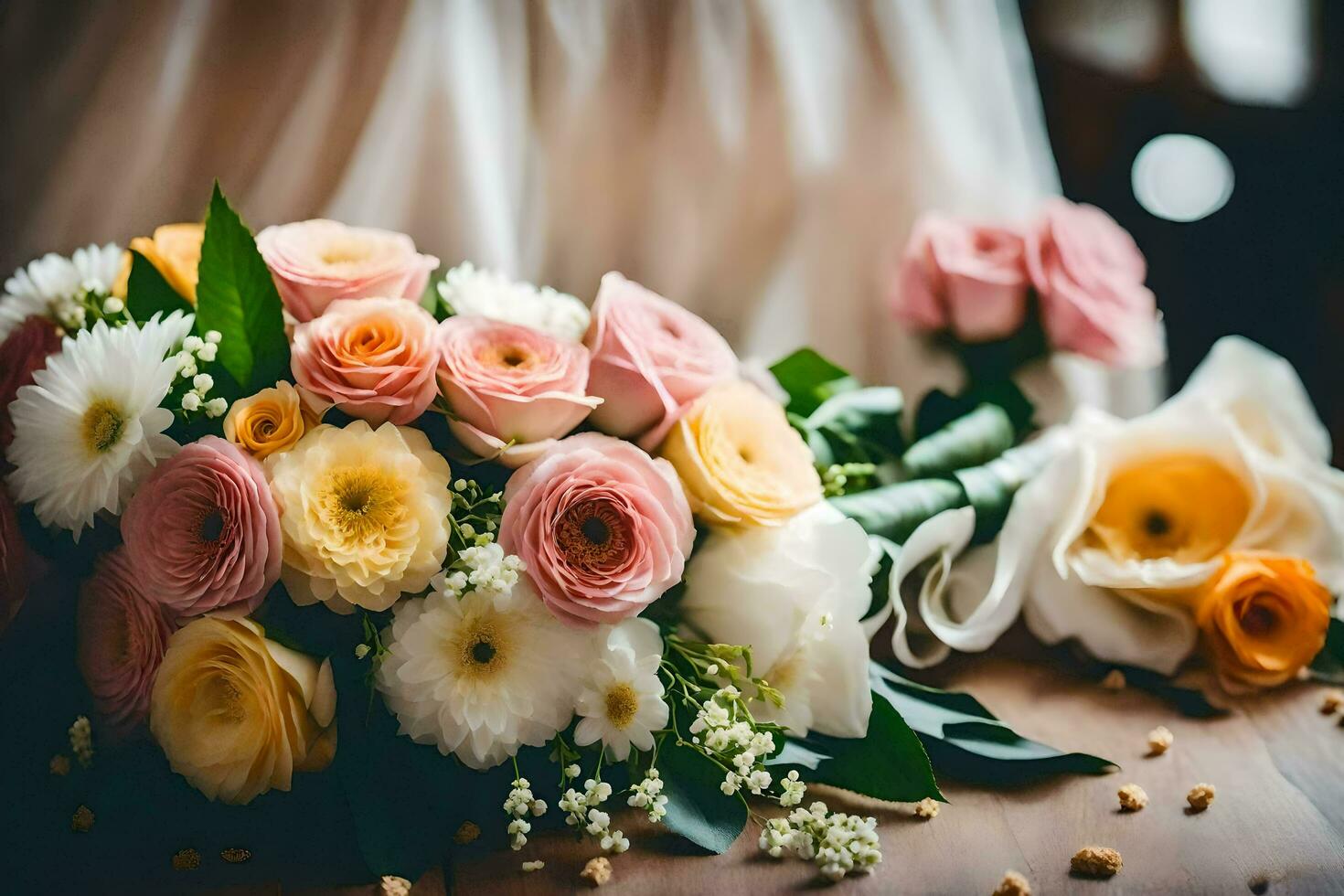 un ramo de flores de flores en un mesa. generado por ai foto