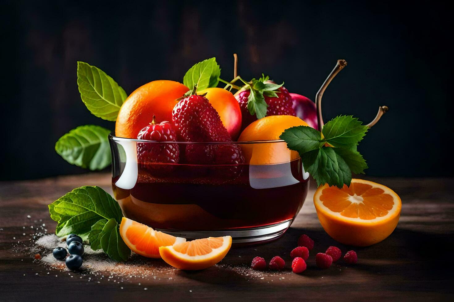 a bowl of fruit and berries on a dark table. AI-Generated photo