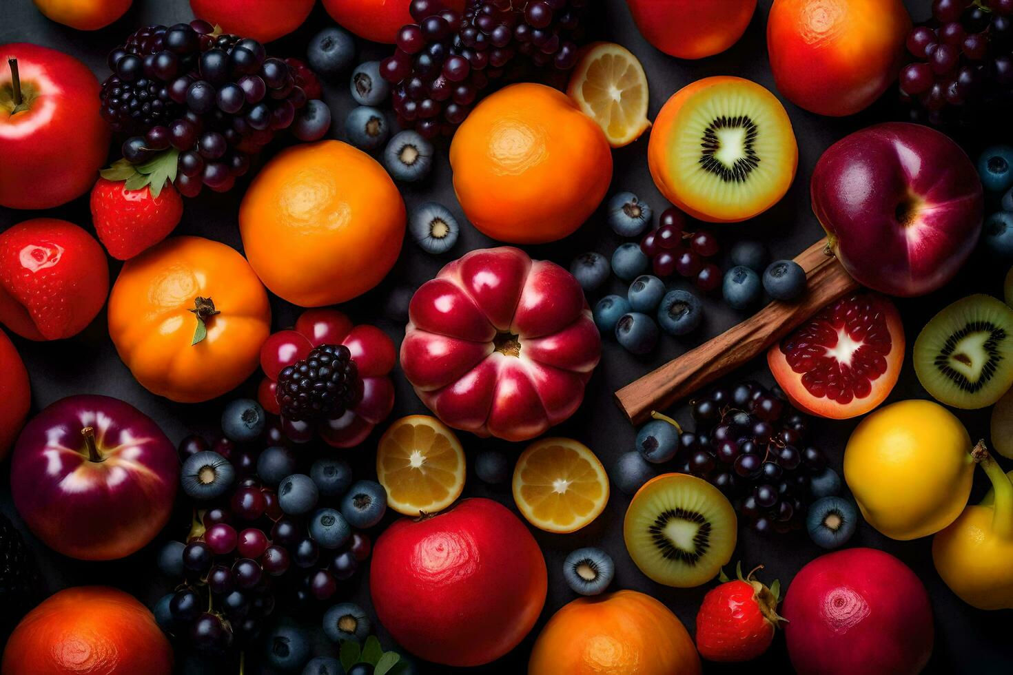 a variety of fruits and vegetables arranged on a black background. AI-Generated photo