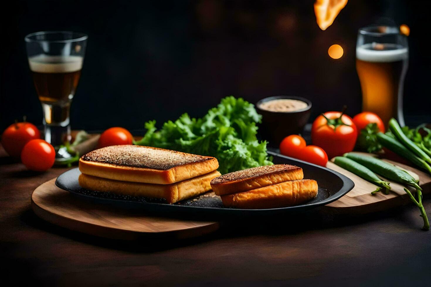 the grilled cheese sandwich is served on a wooden table with a glass of beer and vegetables. AI-Generated photo