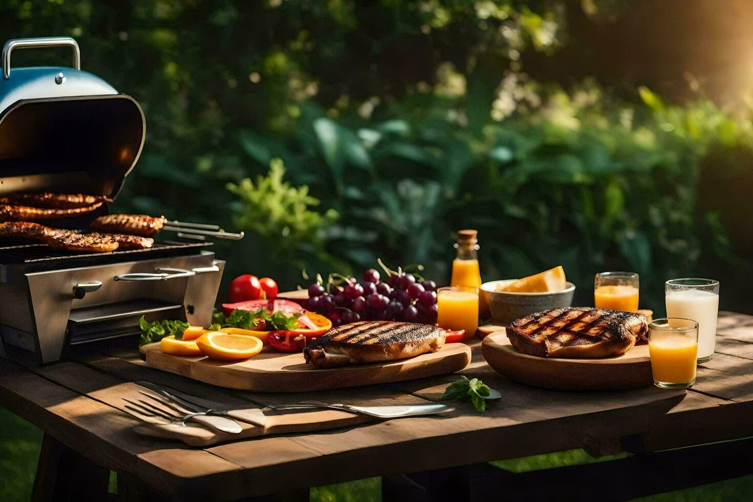 grill with food on a table in the garden. AI-Generated photo