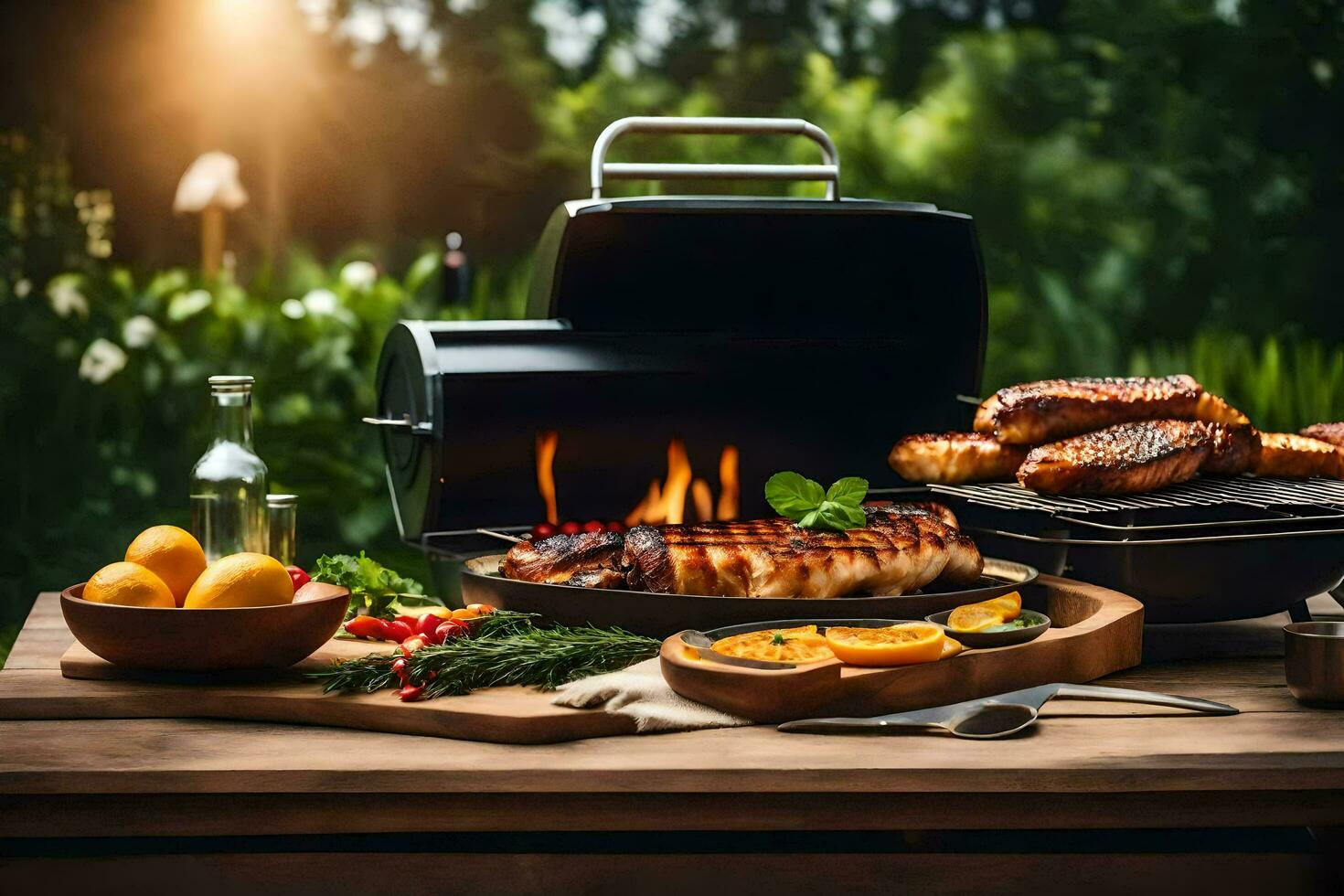 a barbecue grill with food on it. AI-Generated photo